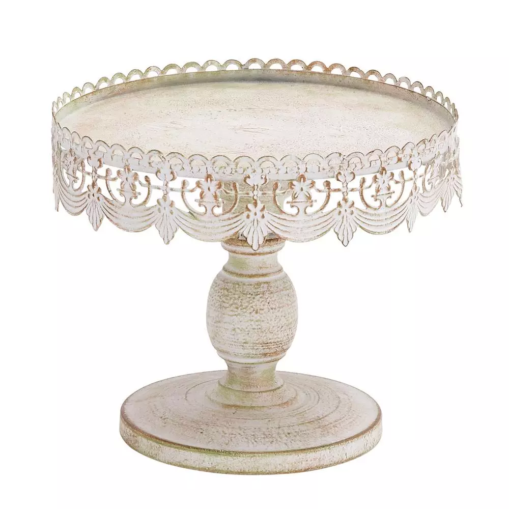 LITTON LANE 10 in. Round Whitewashed and Rust Brown Iron Cake Stand with Pierced Floral Bunting