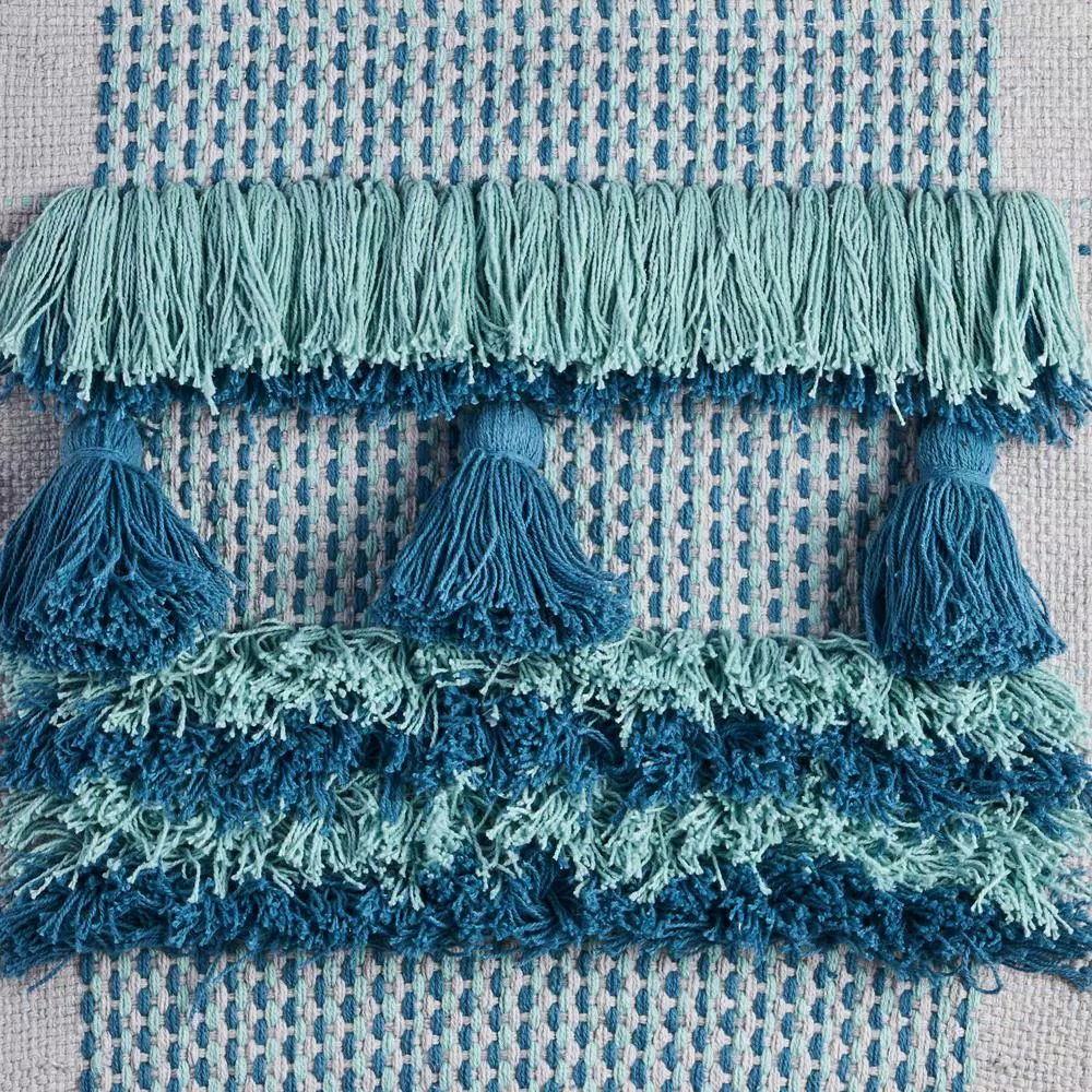 LR Home Coast Gray & Teal Fringed Tufted Cotton Wall Tapestry - Bohemian Coastal Wall Hanging
