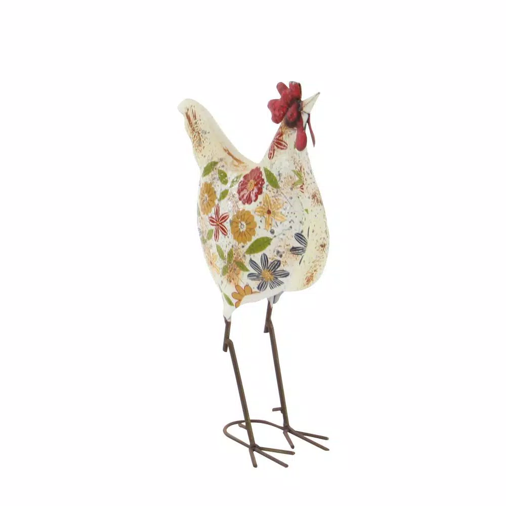 LITTON LANE 17 in. Farmhouse Floral Pattern Iron Rooster Garden Sculpture with Distressed Finish