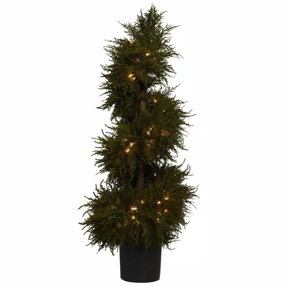 Nearly Natural 43 in. Cedar Spiral Topiary with Lights, Green Artificial Plant in Black Pot