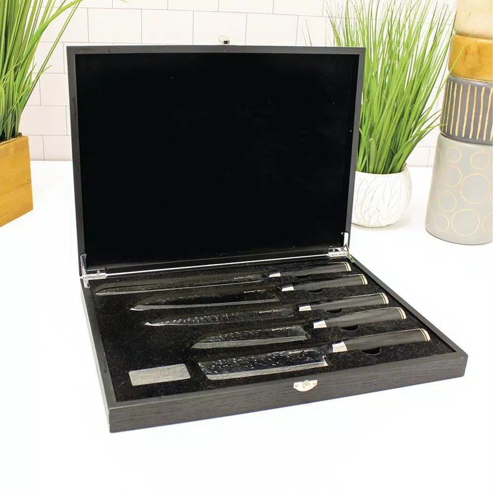 BergHOFF Martello 5-Piece German Steel Knife Set with Wooden Case - Textured Blades