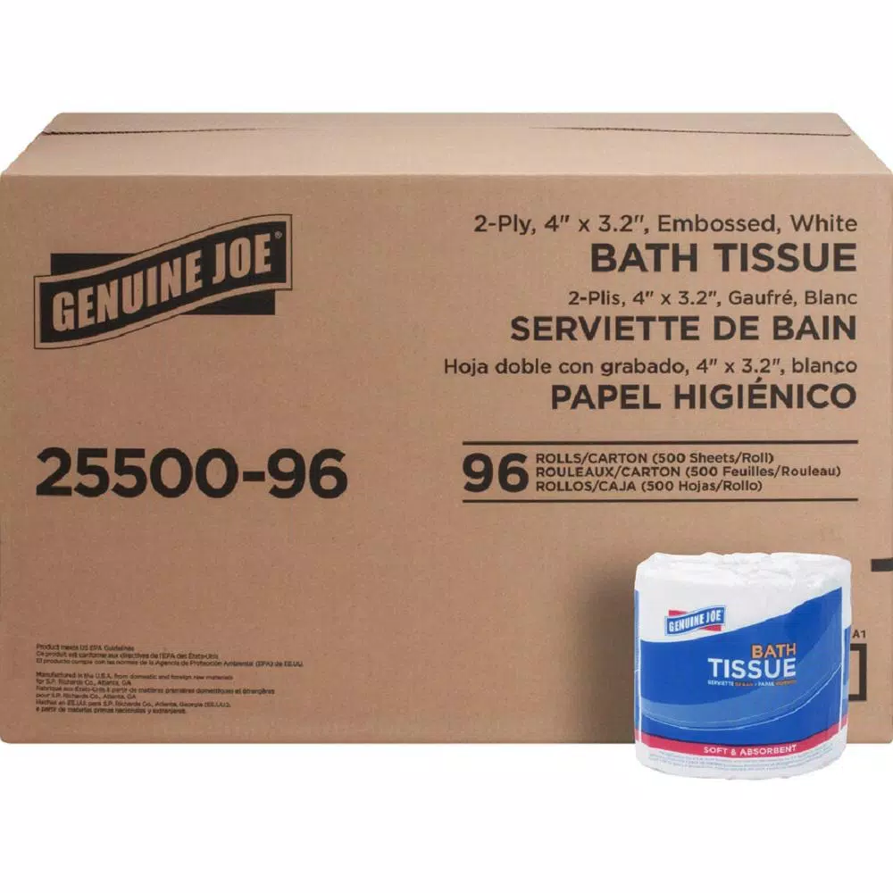 Genuine Joe Standard 2-Ply Embossed Bath Tissue, 500 Sheets Per Roll, 96 Rolls Pack