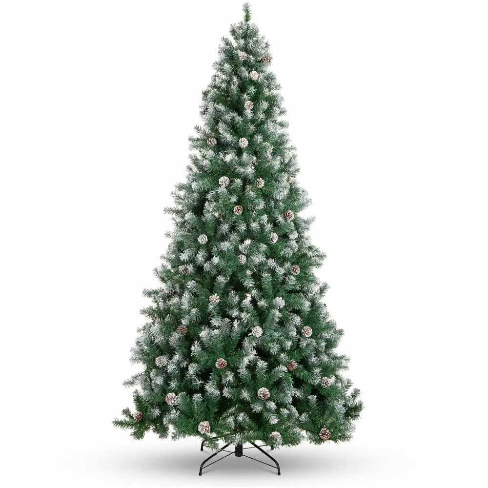 Best Choice Products 9 ft. Unlit Flocked Virginia Pine Artificial Christmas Tree with Pine Cones and Holly Berries
