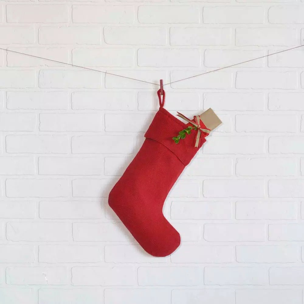 VHC Brands 15 in. Red Cotton Burlap Christmas Stocking - Farmhouse Holiday Decor