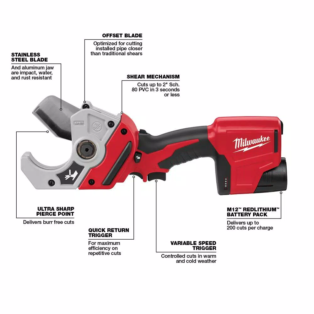 Milwaukee M12 12V Lithium-Ion Cordless PVC Shear Kit with 1.5 Ah Battery, Charger and Hard Case
