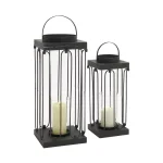 LITTON LANE Black Tin and Clear Glass Lantern Candle Holder Set of 2 - Industrial Mission Style thumbnail 2