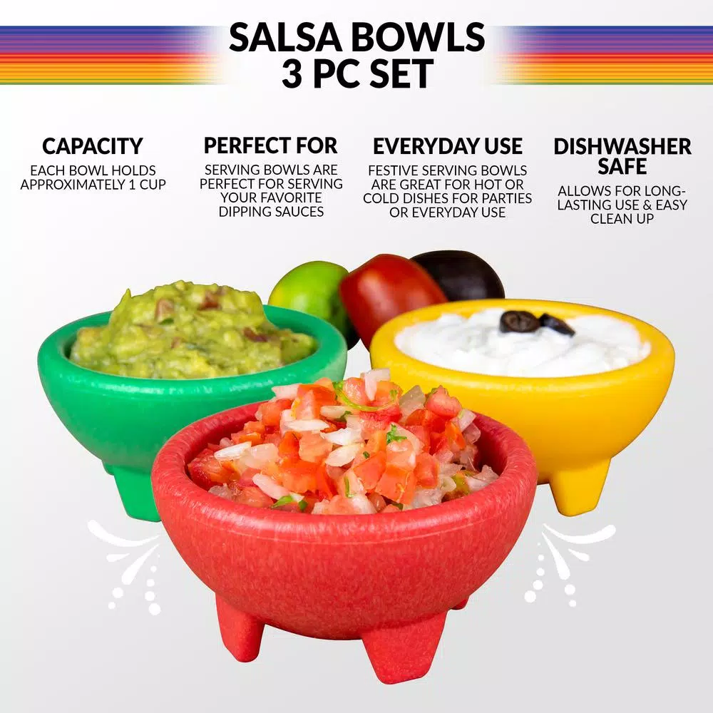 Taco Tuesday 3-Piece Plastic Salsa Bowl Set - 8 fl. oz. Assorted Colors