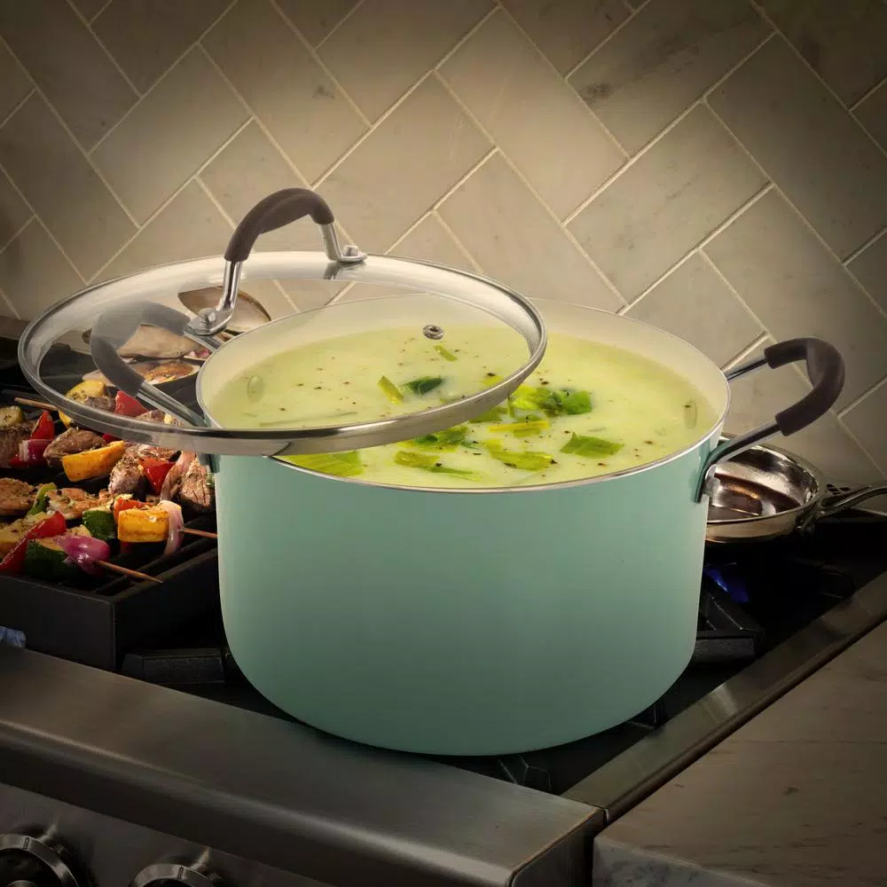 Oster Carrick 6 Qt. Round Aluminum Nonstick Dutch Oven with Glass Lid, Mint