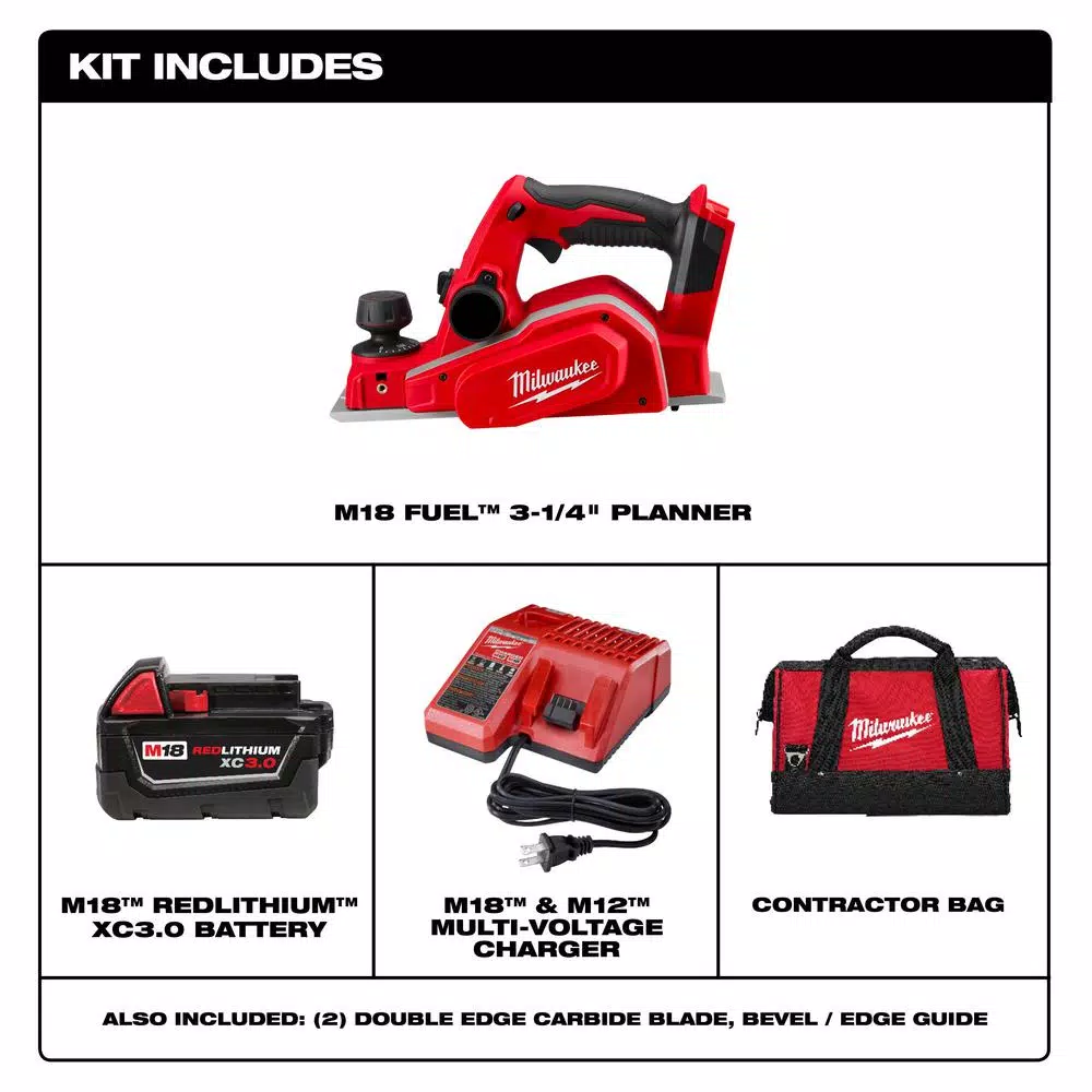 Milwaukee M18 18V Lithium-Ion 3-1/4 in. Cordless Planer Kit with 3.0 Ah Battery, Charger, and Tool Bag