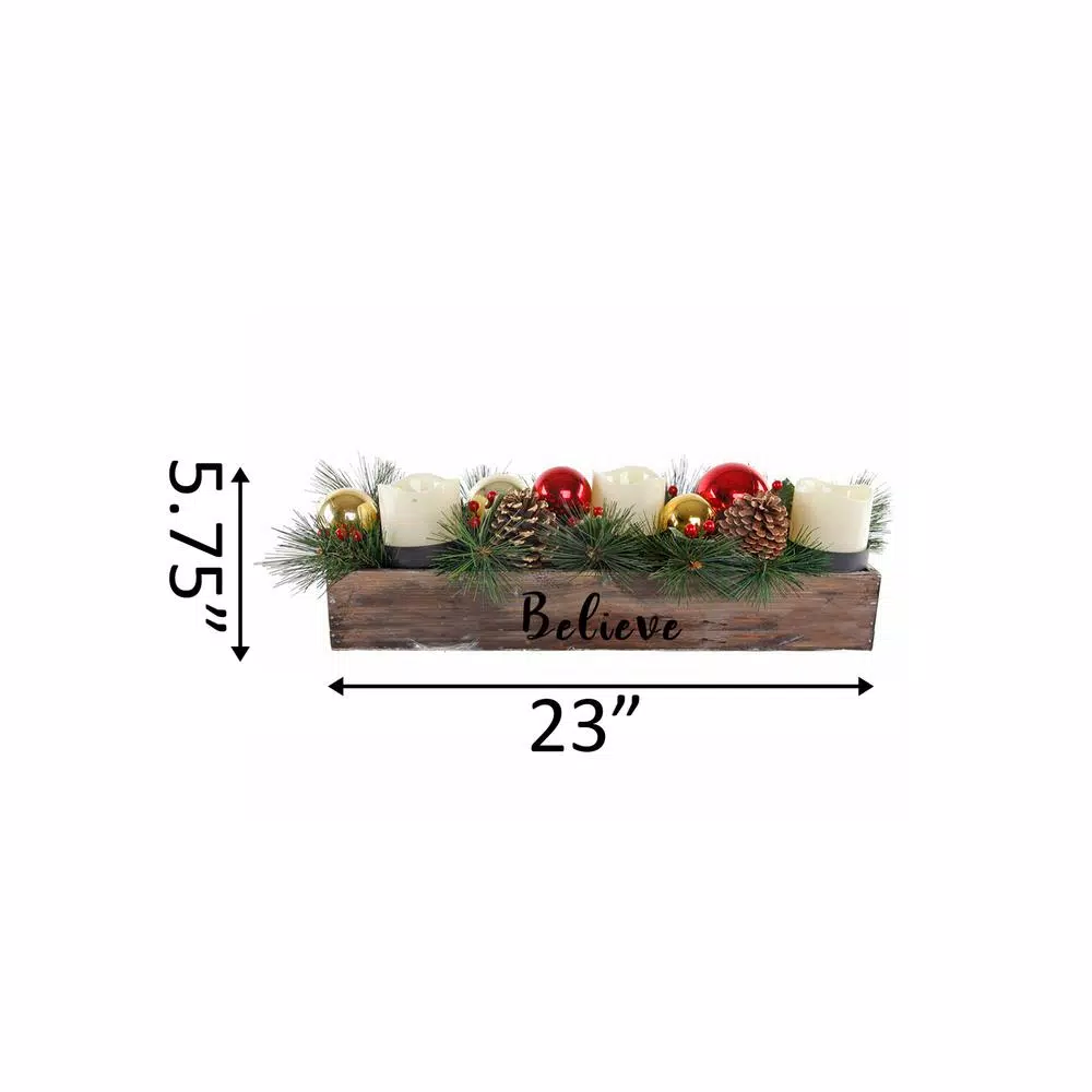 Flora Bunda 23 in. Wood Believe Ledge Candle Holder with Pinecones and Berries