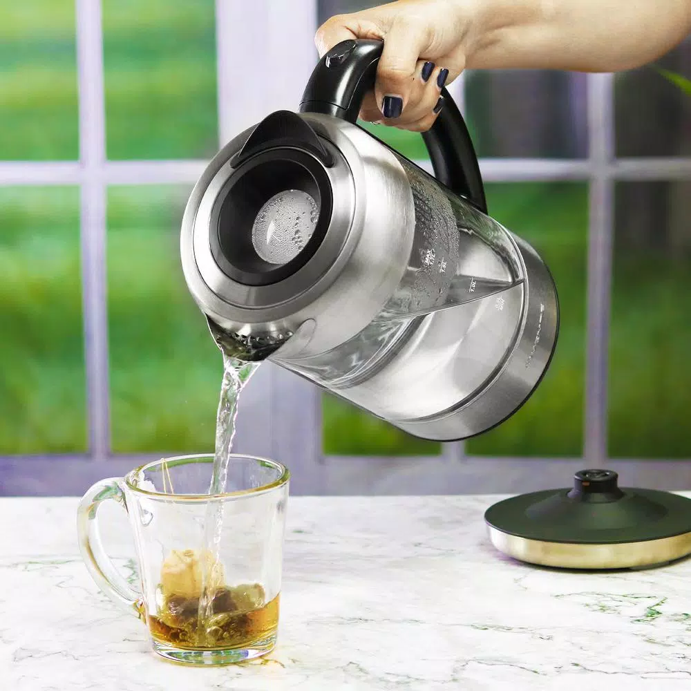 Ovente KG612S 1.7L Glass Electric Kettle, 1500W Silver Stainless Steel with Blue LED Light