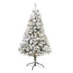 Nearly Natural 5 ft. Flocked River Mountain Pine Artificial Christmas Tree with 150 LED Lights and Pine Cones thumbnail 1