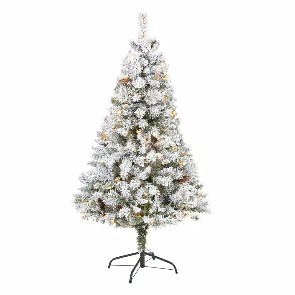 Nearly Natural 5 ft. Flocked River Mountain Pine Artificial Christmas Tree with 150 LED Lights and Pine Cones