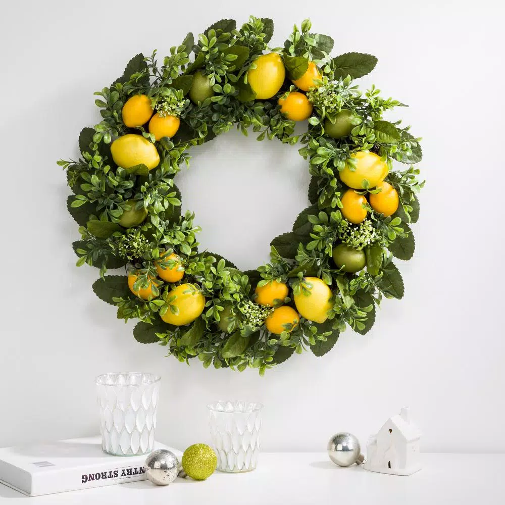 Glitzhome 22 in. Artificial Greenery Lemon Wreath - Faux Lemon Foliage Decor