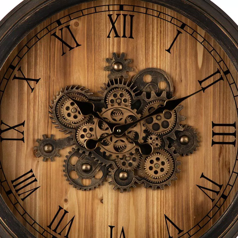 Glitzhome 27.76 in. Vintage Industrial Oversized Wall Clock with Moving Gears and Roman Numerals