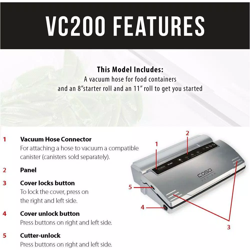 CASO Design VC 200 Food Vacuum Sealer, Brushed Black Stainless Steel