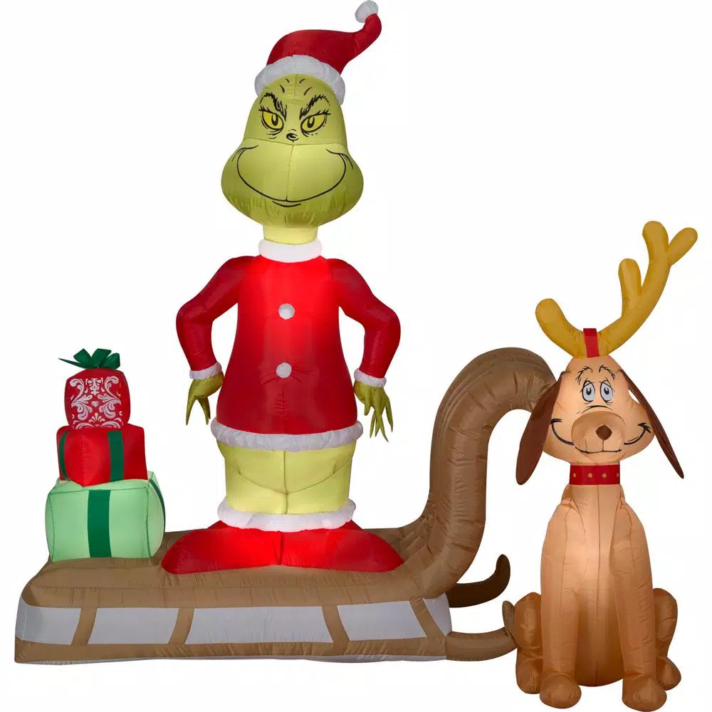 Gemmy 6 ft. Airblown Inflatable Grinch and Max on Sled Holiday Scene with LED Lights