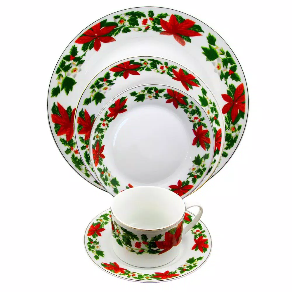 Gibson Home Poinsetta Holiday 20-Piece Ceramic Dinnerware Set, Service for 4, White/Glossy