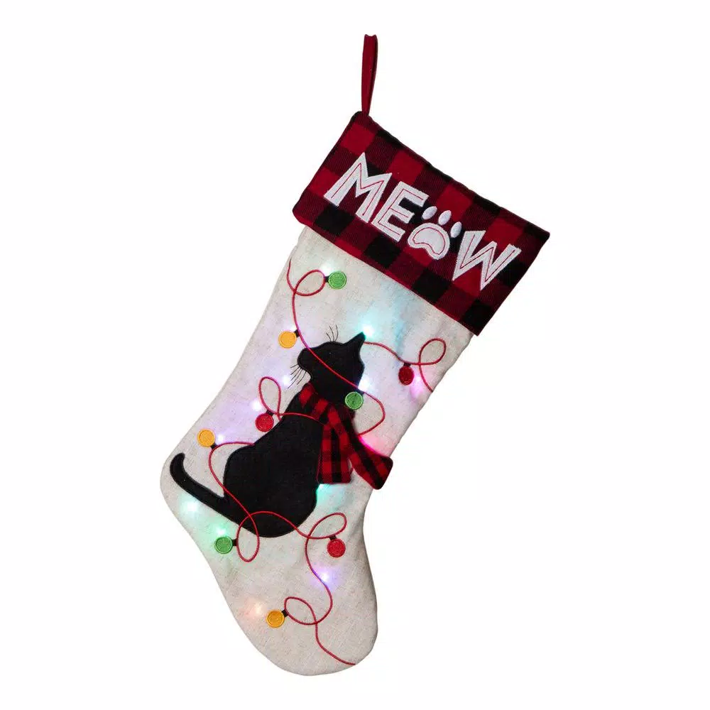 Glitzhome 21 in. LED Embroidered Dog Christmas Stockings, Cream Linen Polyester (2-Pack)