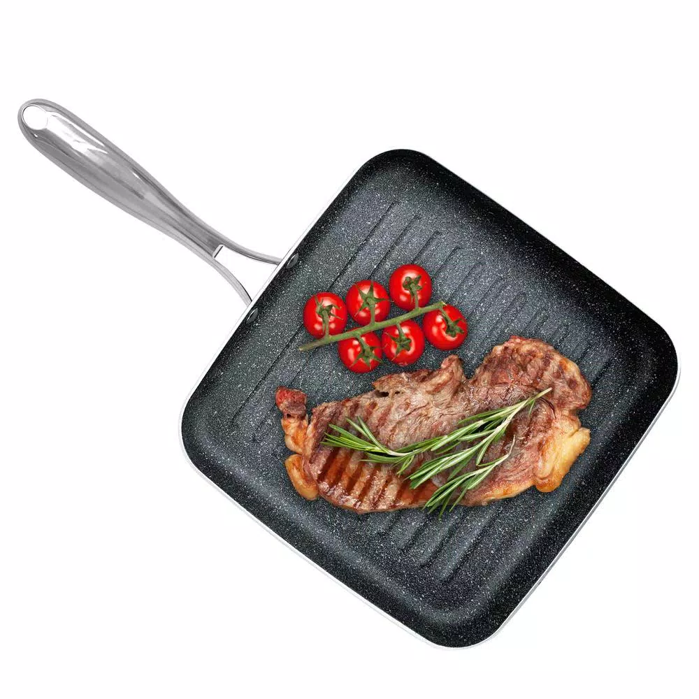 GRANITESTONE 10.5 in. Aluminum Diamond Infused Non-Stick Granite Stone Grill Pan, Charcoal