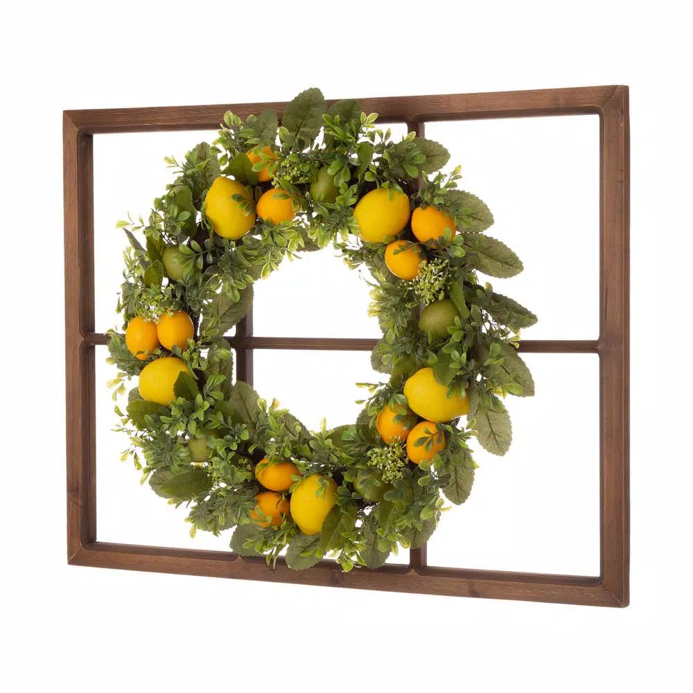 Glitzhome 28 in. Wooden Window Frame with 22 in. Greenery Lemon Wreath Decor