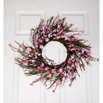 Unbranded 22 in. Pink Cherry Blossom Wreath on Natural Twig Base thumbnail 2