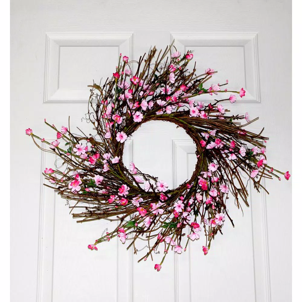 Unbranded 22 in. Pink Cherry Blossom Wreath on Natural Twig Base