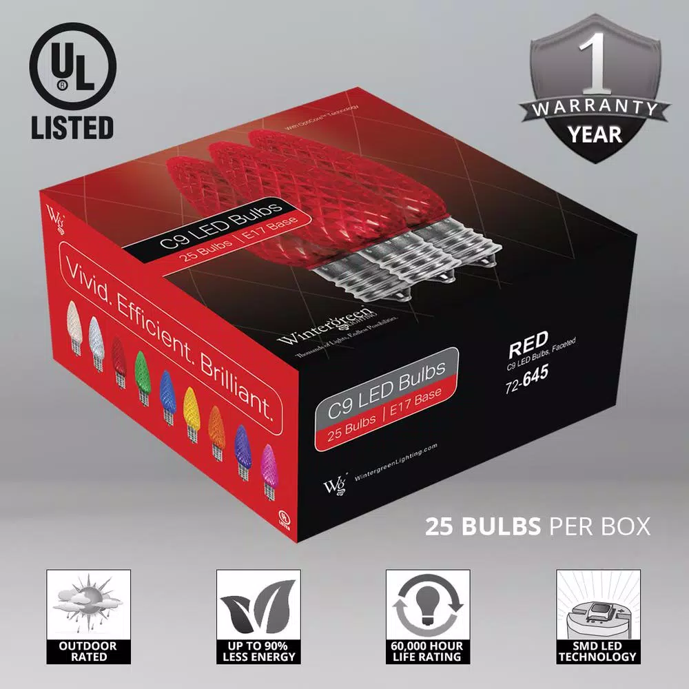 Wintergreen Lighting OptiCore C9 LED Red Faceted Christmas Light Bulbs, 25-Pack, E17 Base