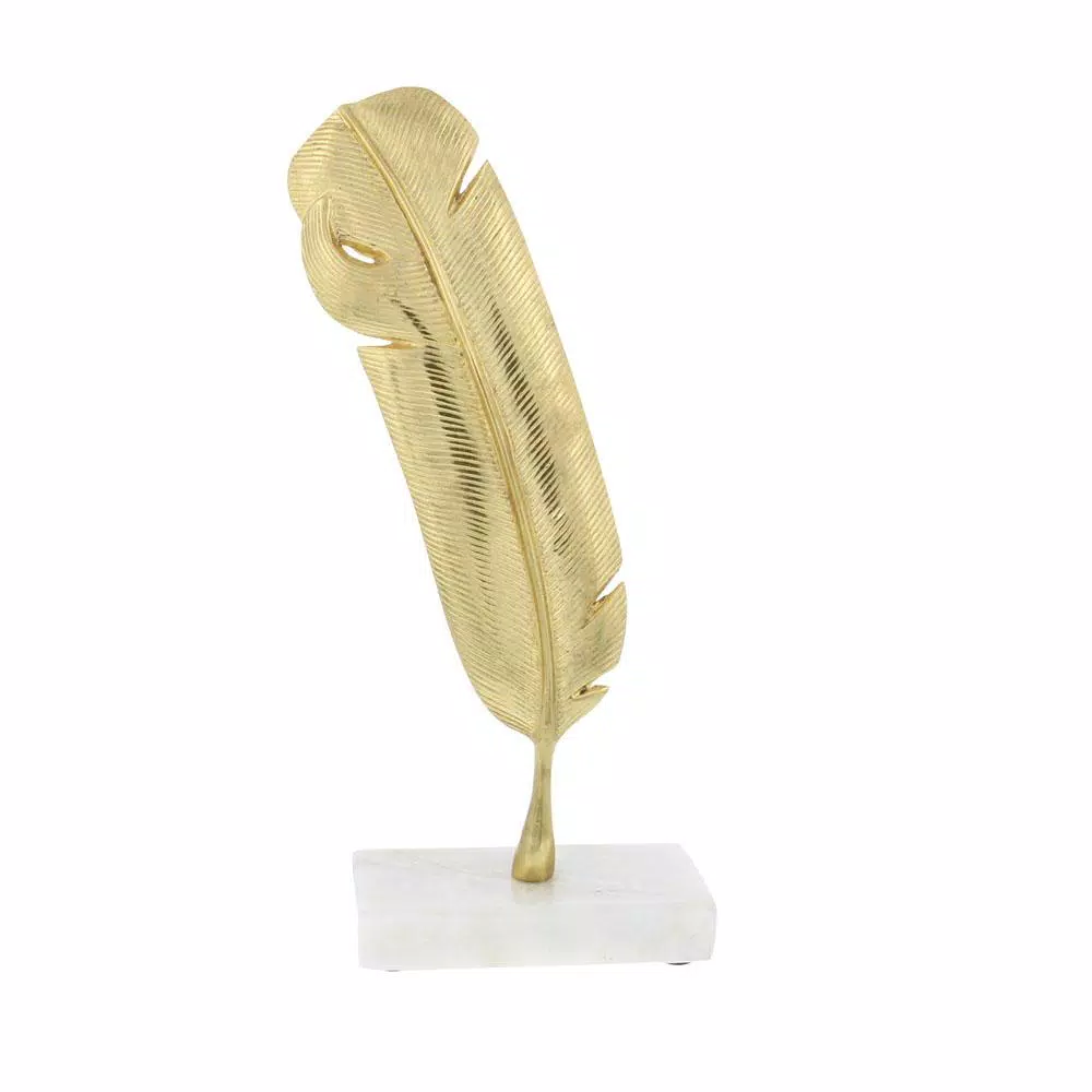 CosmoLiving by Cosmopolitan Gold Aluminum Feather Sculpture with White Marble Base - Antique Quill Decor