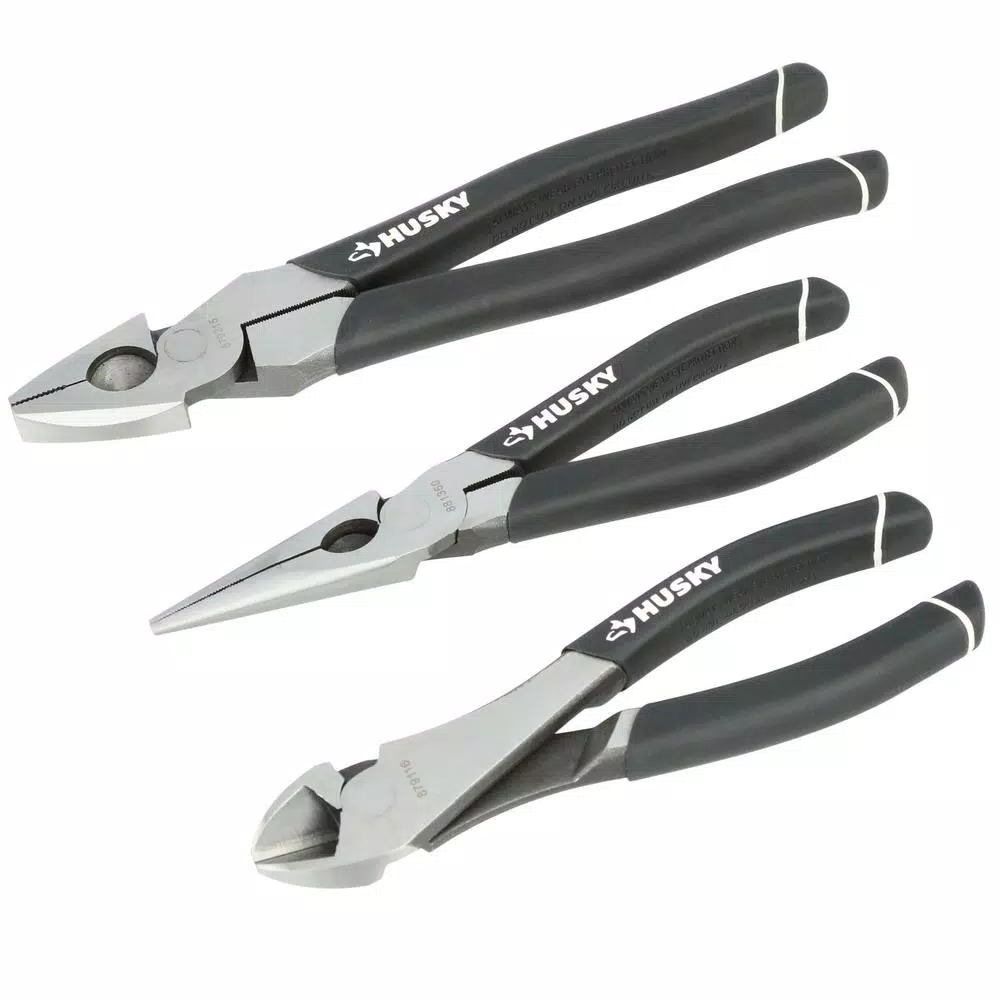 Husky 3-Piece High-Leverage Pliers Set - Diagonal, Long Nose, and Linesman Pliers