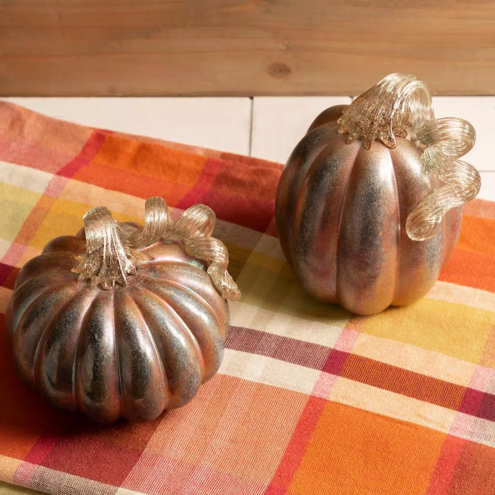 Glitzhome Blue and Gold Glittery Glass Pumpkin Set of 2 - Handmade Indoor Tabletop Decor