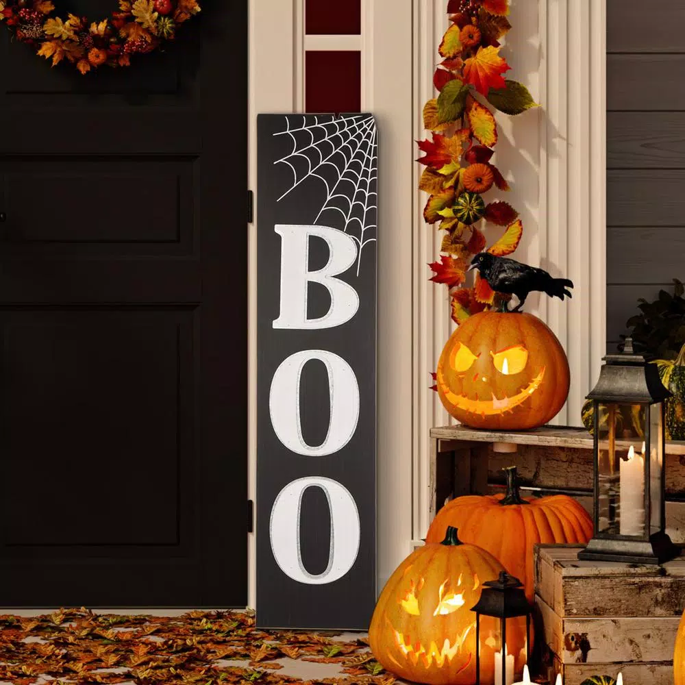 Glitzhome 47.83 in. Wooden BOO Porch Sign with Spider Web Halloween Decor