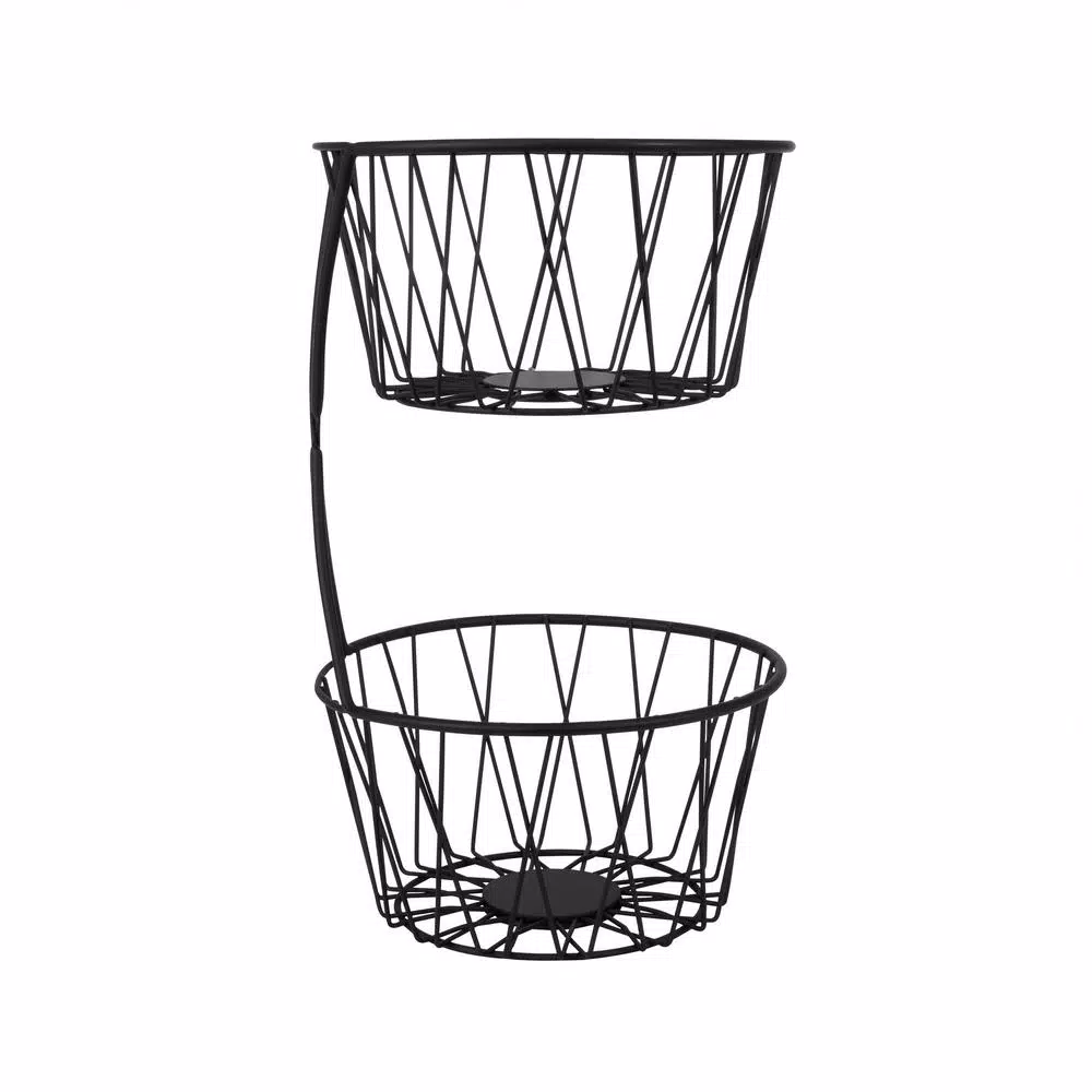 Spectrum Paxton 2-Tier Black Steel Fruit Basket Server, Rustic Farmhouse Design