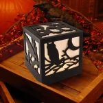 LUMABASE 4.75 in. Halloween Wooden Lantern with Multi-Orange LED Lights, Owl and Crow Design thumbnail 4
