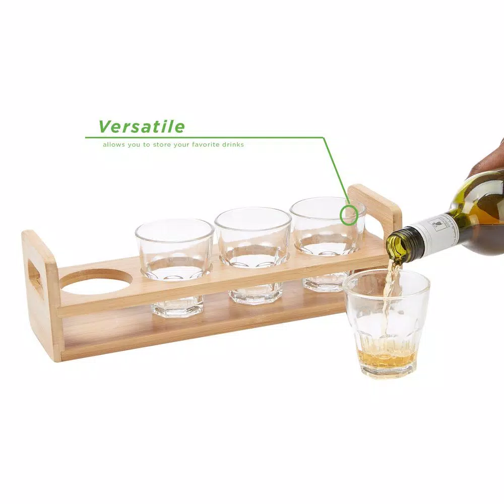 Mind Reader Bamboo 4-Slot Beer Serving Flight Tray, Rectangular Brown Shot Glass Holder