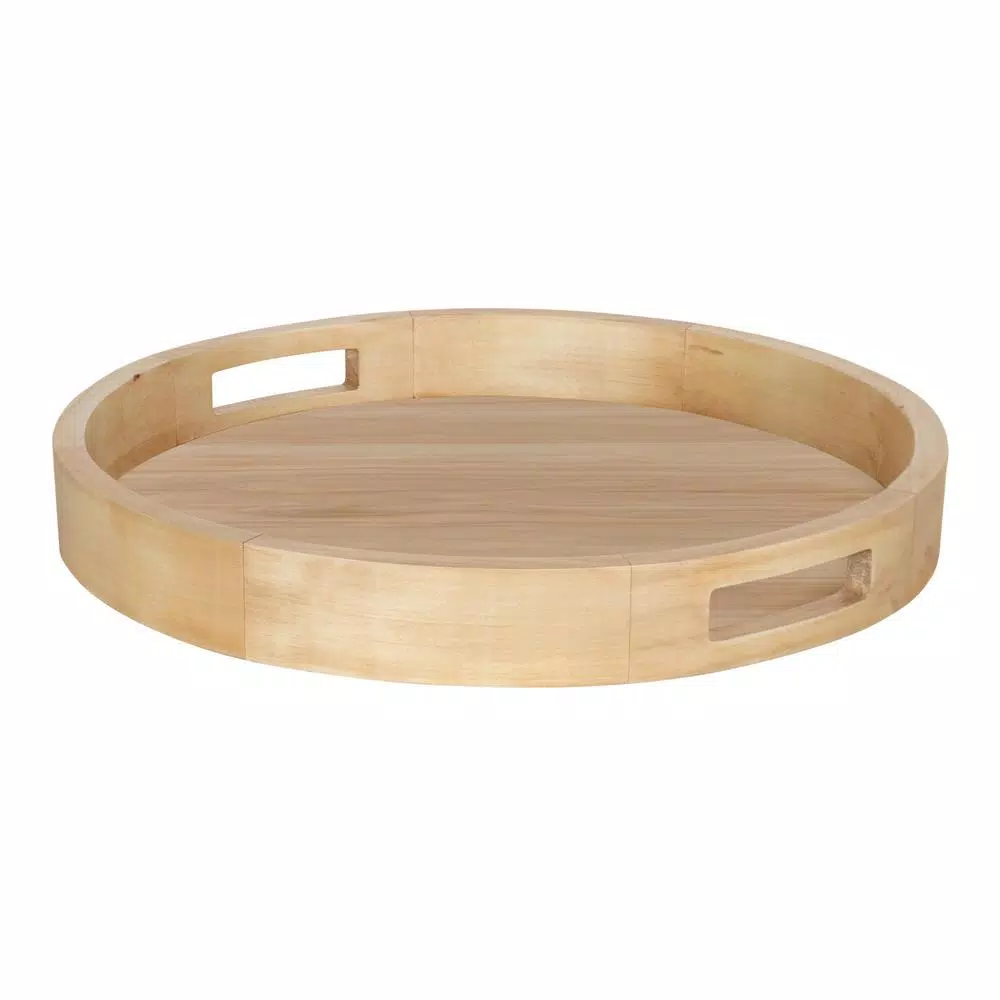 Kate and Laurel Hutton 18.25 in. Round Natural Wood Decorative Tray with Built-in Handles