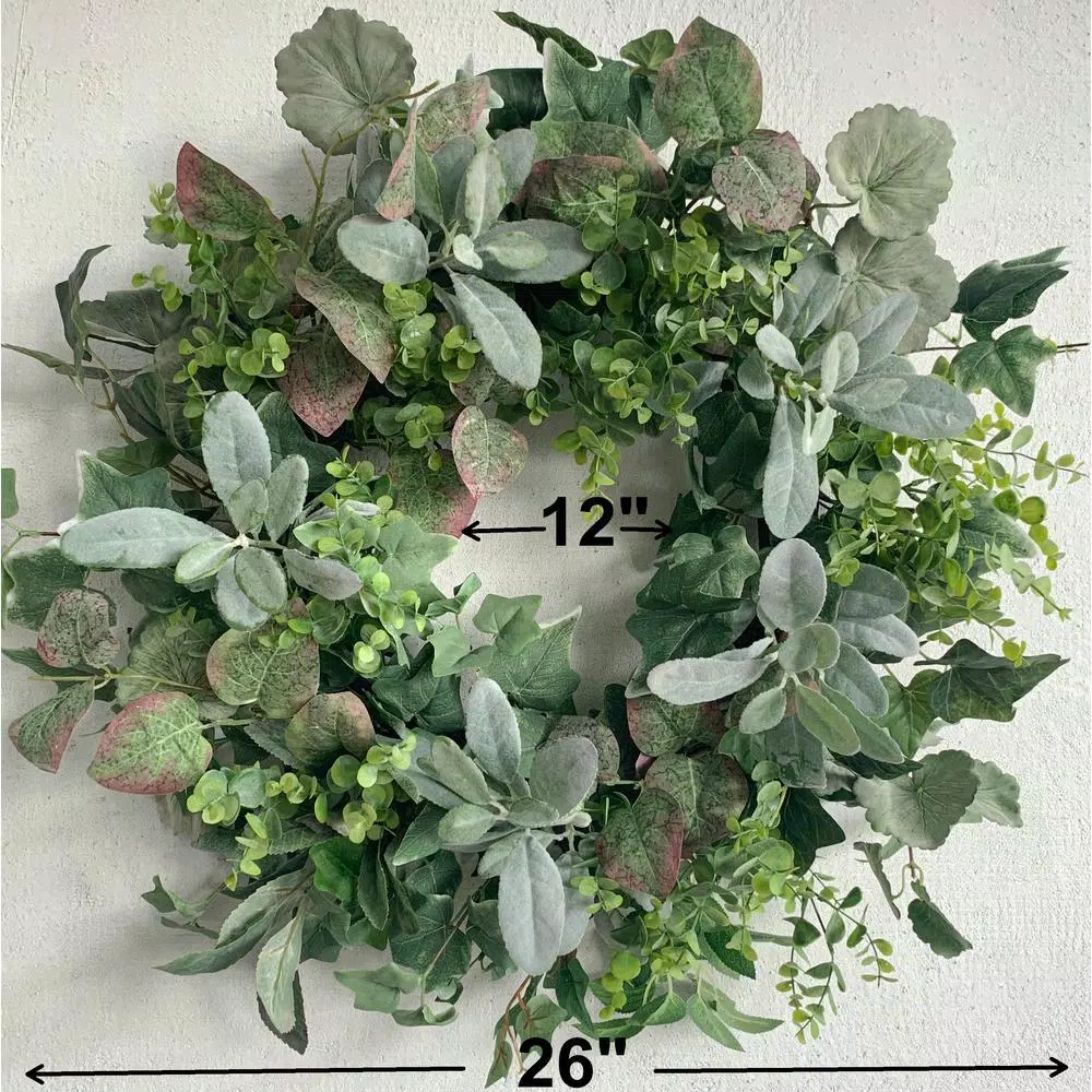 Glitzhome 26 in. Artificial Greenery Wreath with Lambs Ear, Eucalyptus, and Ivy Foliage