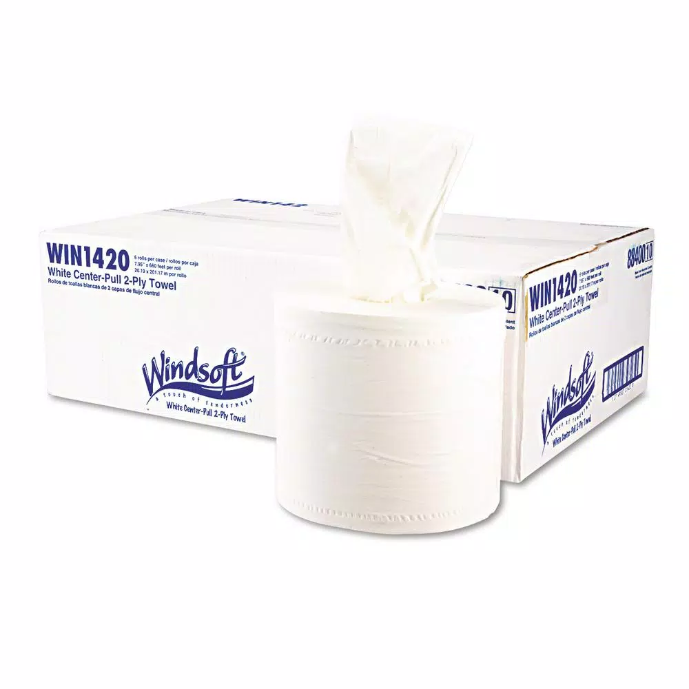 Windsoft Center-Flow Perforated Paper Towel Rolls, 2-Ply White, 8 x 13.5 in (6 Rolls per Carton)