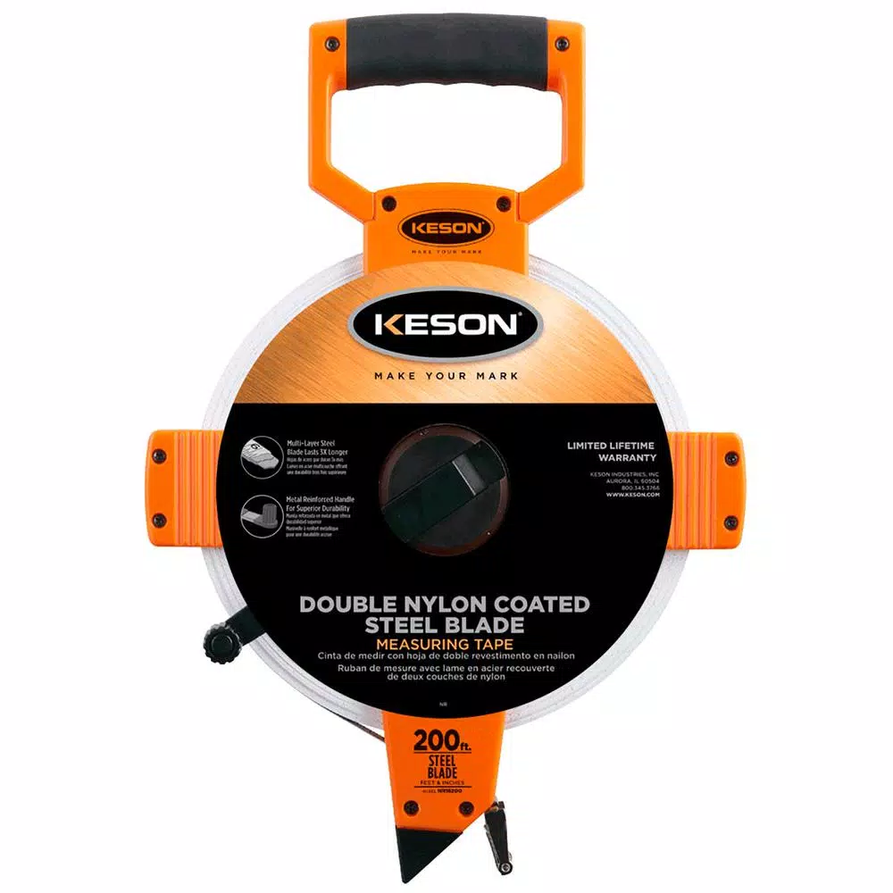 Keson 200 ft. Steel Open Reel Tape Measure, Double Nylon Coated Blade, ABS Housing, SAE