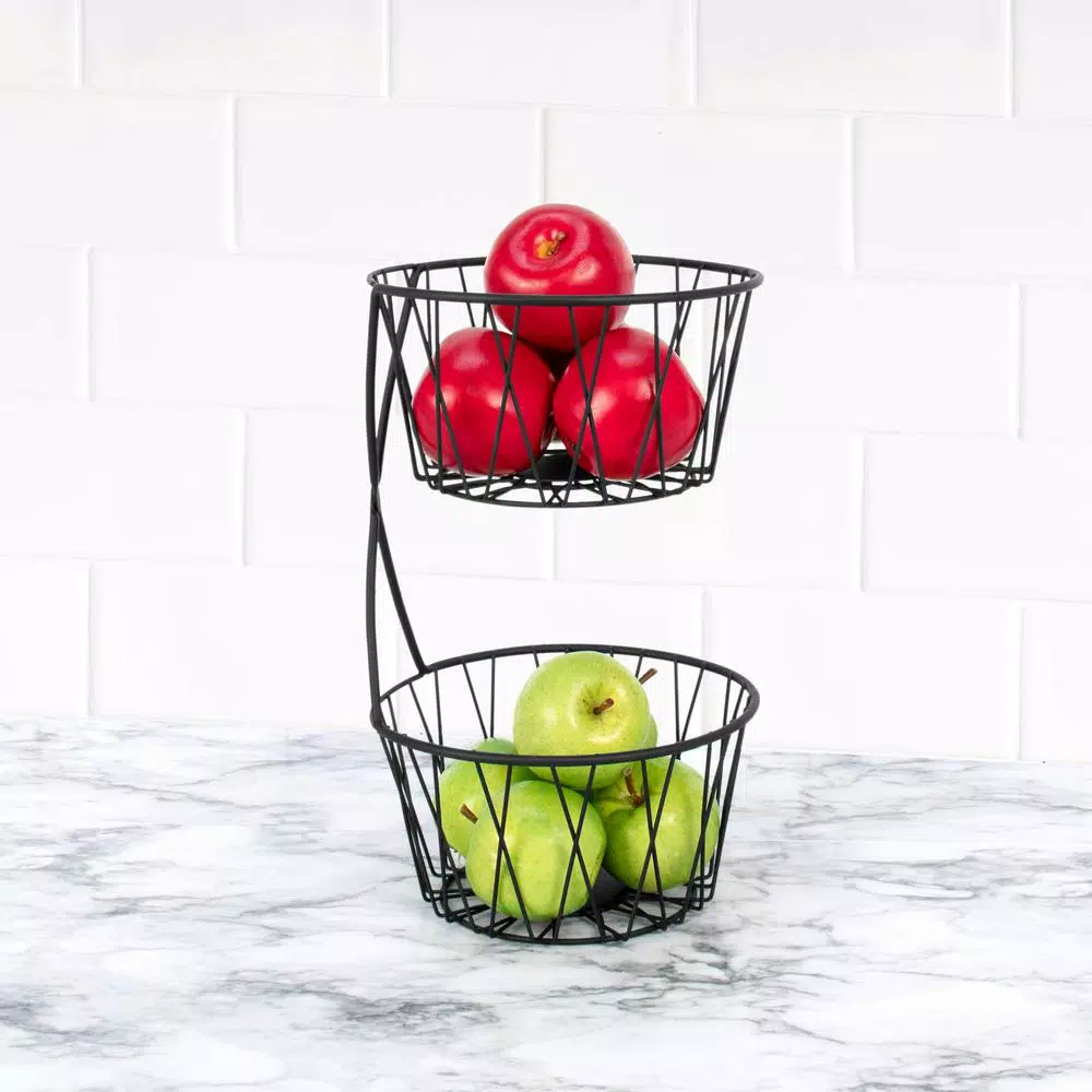 Spectrum Paxton 2-Tier Black Steel Fruit Basket Server, Rustic Farmhouse Design