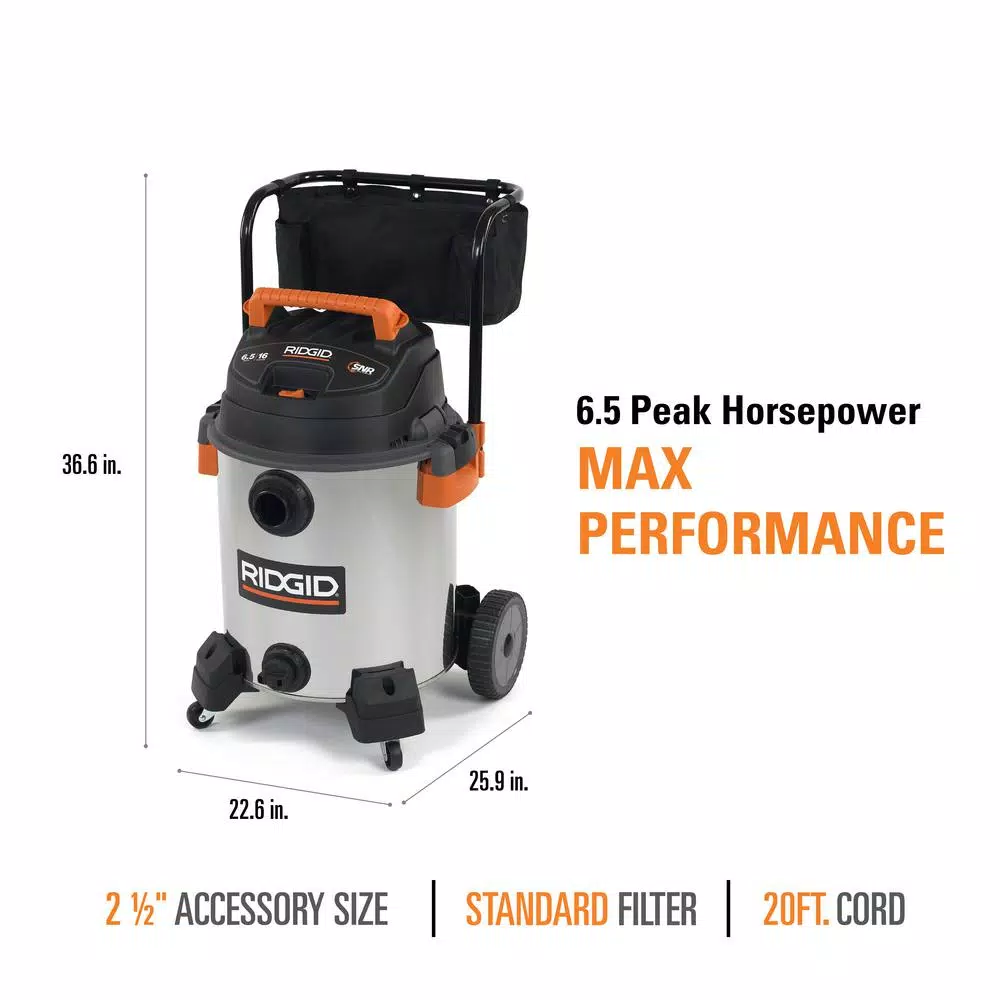 RIDGID 16 Gal. 6.5 Peak HP Stainless Steel Wet/Dry Shop Vac with 10 ft. Pro Hose and Locking Accessories