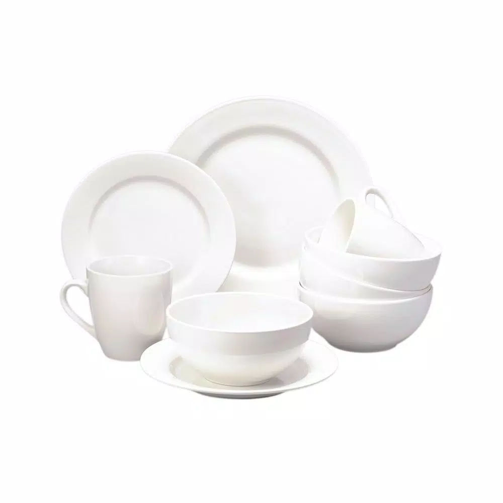 THOMSON POTTERY Basic White Stoneware Dinner Plate Set of 8 - Round Rimmed Plates