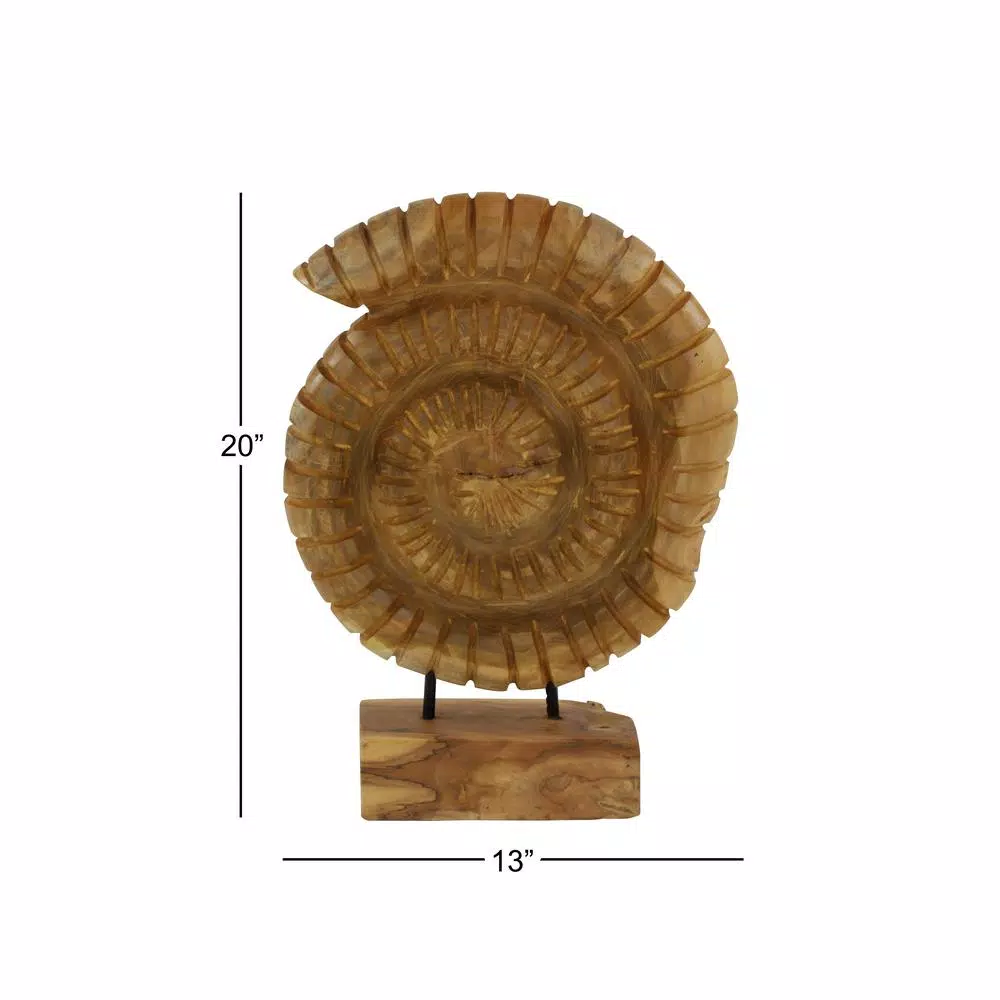 LITTON LANE Hand-Carved Reclaimed Teak Wood Nautilus Shell Sculpture on Iron Stand