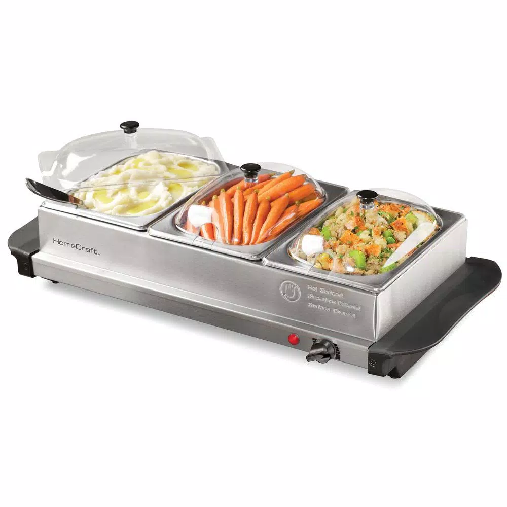 HomeCraft 1.5 Qt. Stainless Steel 3-Tray Buffet Server with Warming Tray Base