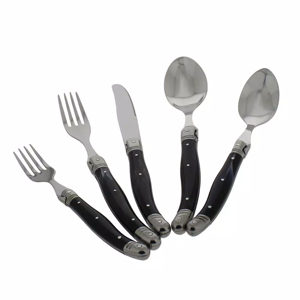 French Home Laguiole 20-Piece Stainless Steel Flatware Set with Black Faux Marble Handles, Service for 4