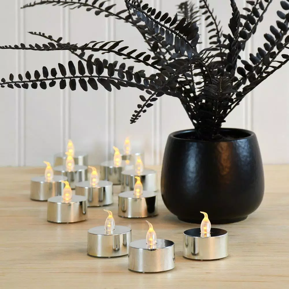 LUMABASE Silver Plated LED Tea Light Candles, 12-Count Battery Operated Flickering Amber Glow
