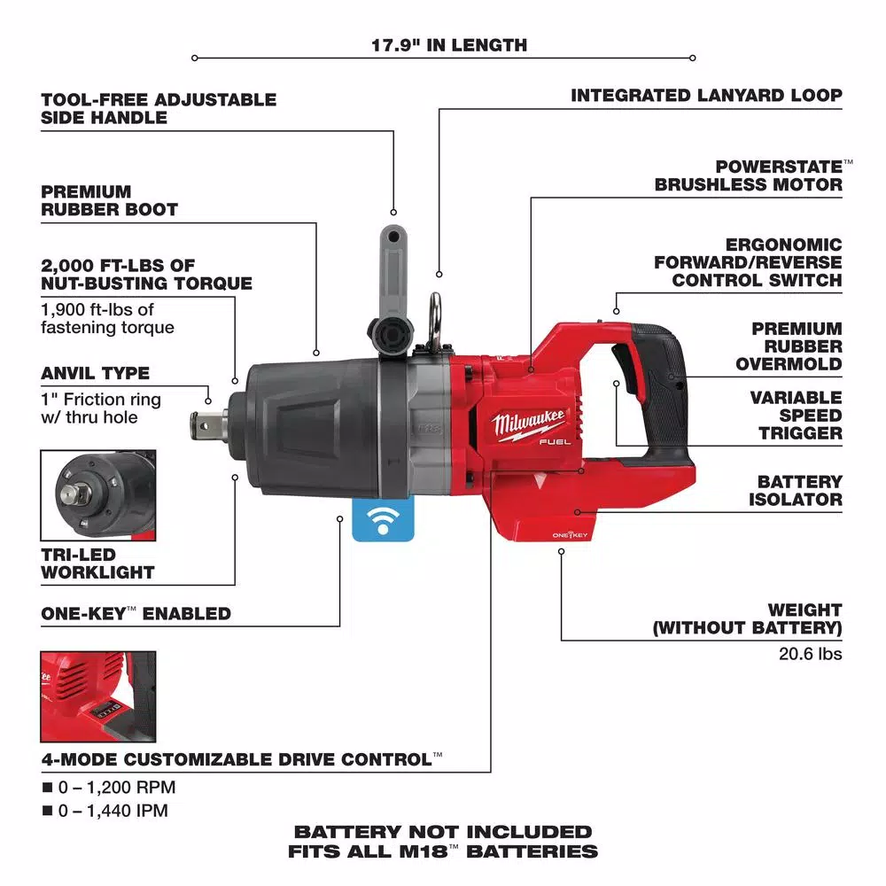Milwaukee M18 FUEL 1 in. High Torque Impact Wrench with ONE-KEY, Brushless Cordless D-Handle (Tool-Only)