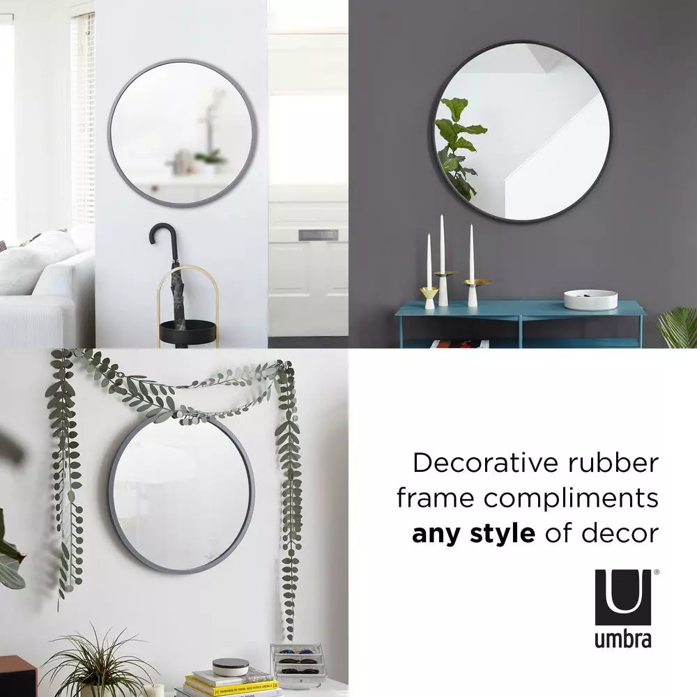 Umbra HUB Contemporary Round Mirror with Black Rubber Rim, 24 in.