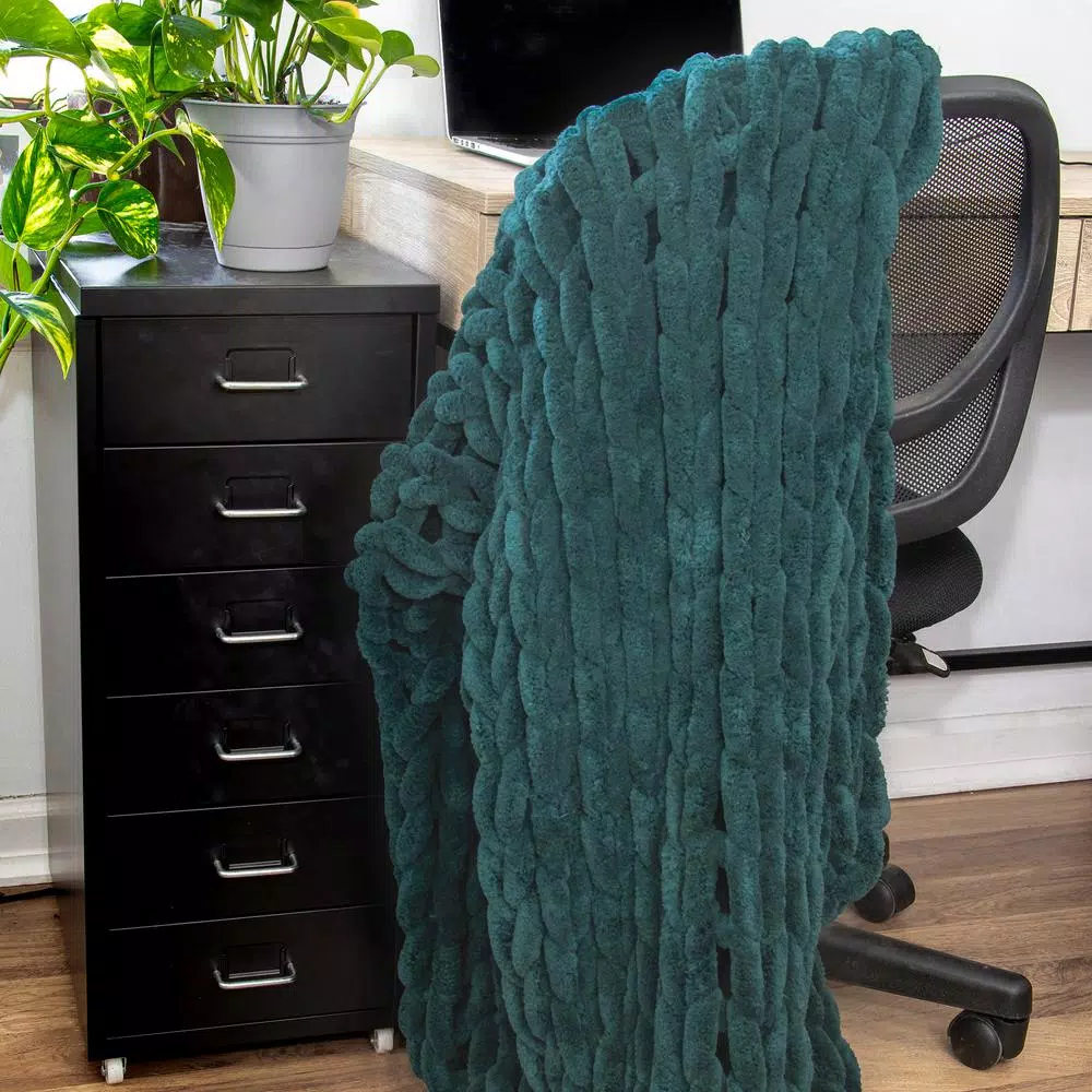 DONNA SHARP Peacock Chenille Chunk Knit Throw Blanket, 40 x 50 in, Modern Solid Style