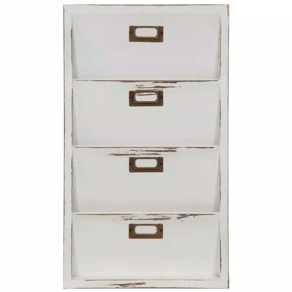Pinnacle Distressed White Wood Wall Mail Organizer & Letter Bin with 4 Pockets